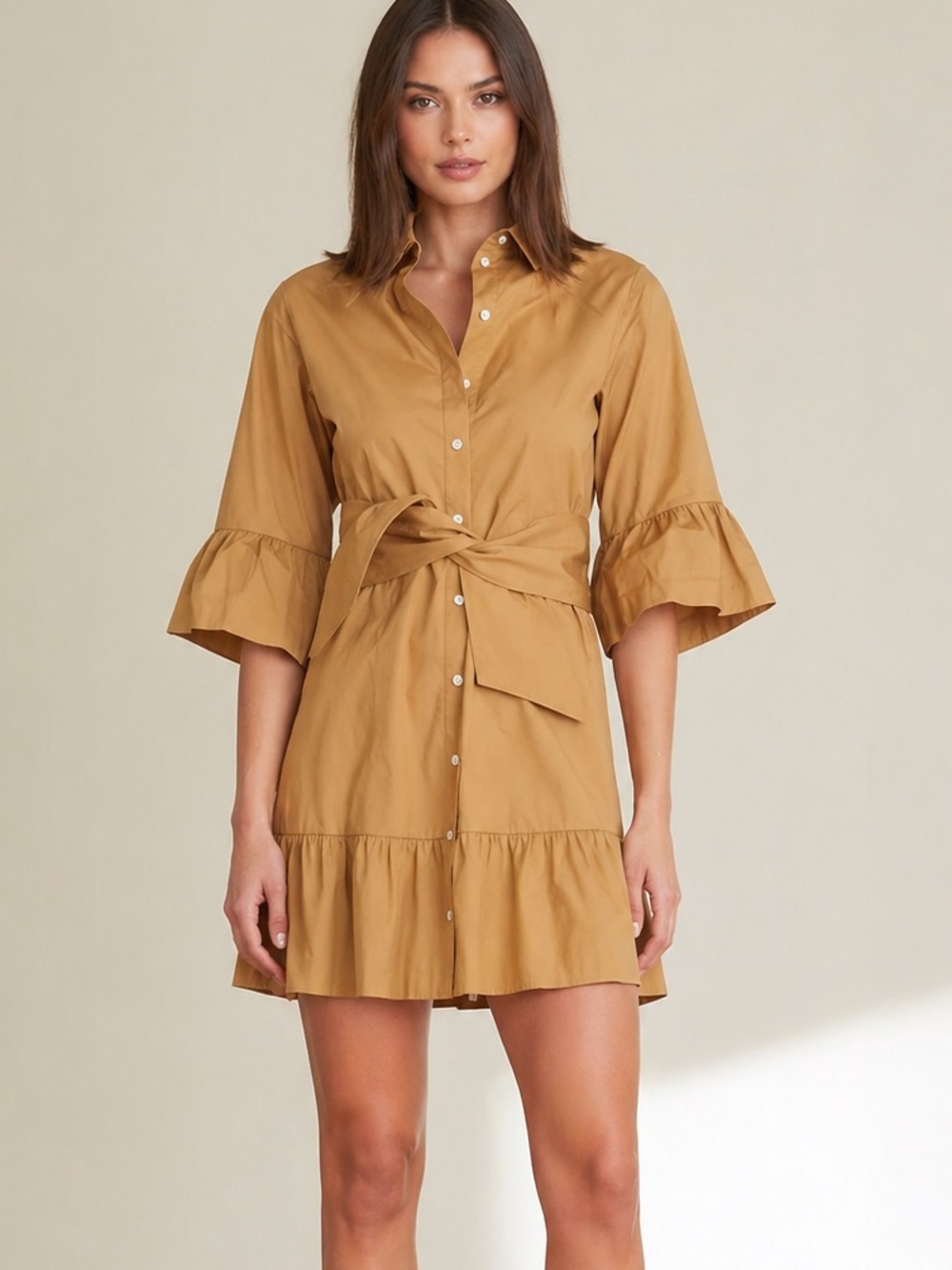 Veronica Beard Khaki Brown Luriane Dress Poplin Tie Waist Cotton Boho Chic sz 10